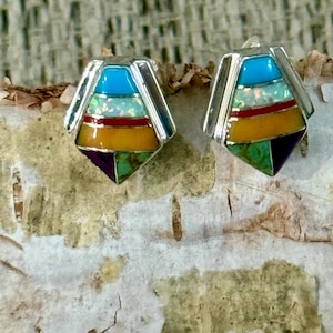 Handmade Sterling Silver Inlay Stud Earrings – Gemstone Mosaic Jewelry, Indigenous Made, Boho Stud Earrings, Nature Inspired Jewelry