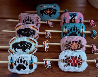 Handmade Beaded Barrette, Indigenous Hair Bun with Sticks, Bear Paw & Feather