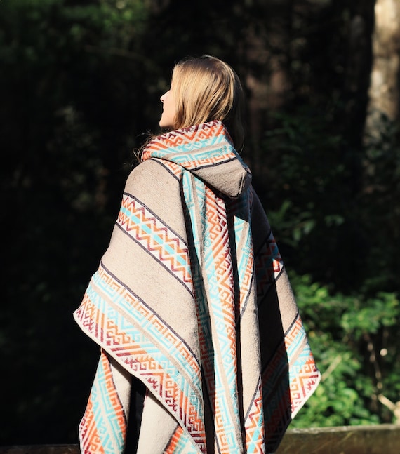 Native Southwest Wool Poncho Cape With Hood, Handmade Unisex Coat 