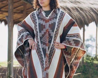 Indigenous Made Southwest Tribal Poncho Cape with Hood – 100% Llama Wool – Handmade Unisex Coat