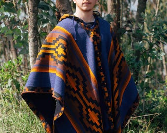 Earth Tone Southwest Poncho Cape – 100% Llama Wool Hooded Coat – Indigenous Artisan Made