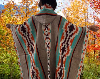 100% Llama Wool Poncho, Boho Tribal Shawl, Native Southwest  Poncho  Handmade, Unisex Ethical Outwear