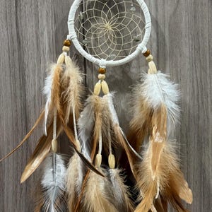 May include: A white dreamcatcher with a woven web design and hanging feathers. The feathers are a mix of brown, tan, and white, with wooden beads. The dreamcatcher is designed to hang on a wall.