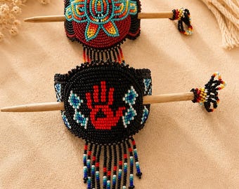 Hand Beaded Hair Stick | Southwestern Beaded Hair Slide with Fringe | Indigenous Made Hair Accessory | Boho Tribal Hair Jewelry