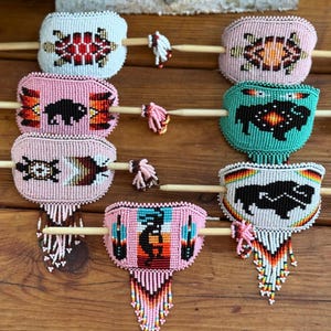 Hand made Beaded Barrette, Beaded Hair Barrettes, Indigenous Beaded Hair Bun with Sticks, Navajo Beaded Barrette, Loom Beaded Barrette