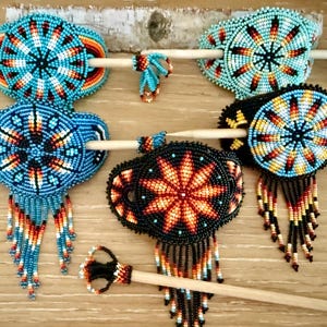 Hand made Beaded Barrette, Beaded Hair Barrettes, Indigenous Made Beaded Hair Bun with Sticks, Navajo Beaded Barrette, Loom Beaded Barrette