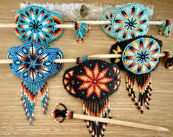 Hand made Beaded Barrette, Beaded Hair Barrettes, Indigenous Made Beaded Hair Bun with Sticks, Navajo Beaded Barrette, Loom Beaded Barrette