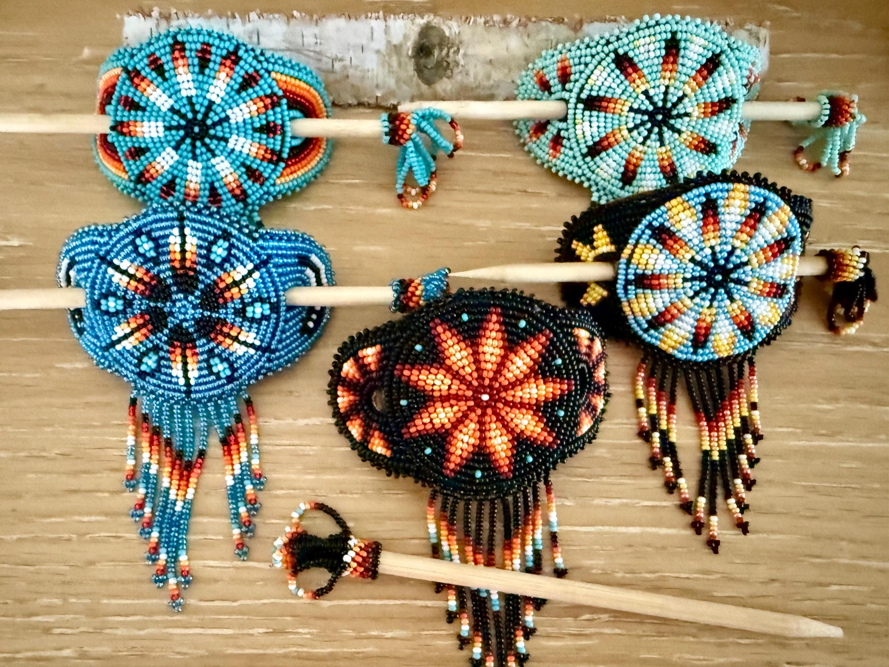 The elegant handmade D beaded barrette. Handmade Beaded Barrette: Indigenous Hair Bun With Sticks - Etsy main image 4
