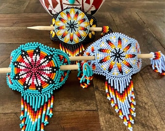 Hand made Beaded Barrette, Beaded Hair Barrettes, Indigenous Beaded Hair Bun with Sticks, Navajo Beaded Barrette, Loom Beaded Barrette
