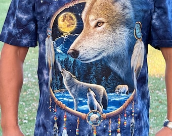 Camiseta Dreamcatcher Wolf Pack, design 3D ao luar, algodão orgânico