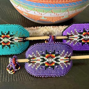 Hand made Beaded Barrette, Beaded Hair Barrettes, Indigenous Beaded Hair Bun with Sticks, Navajo Beaded Barrette, Powow Dance and Festival