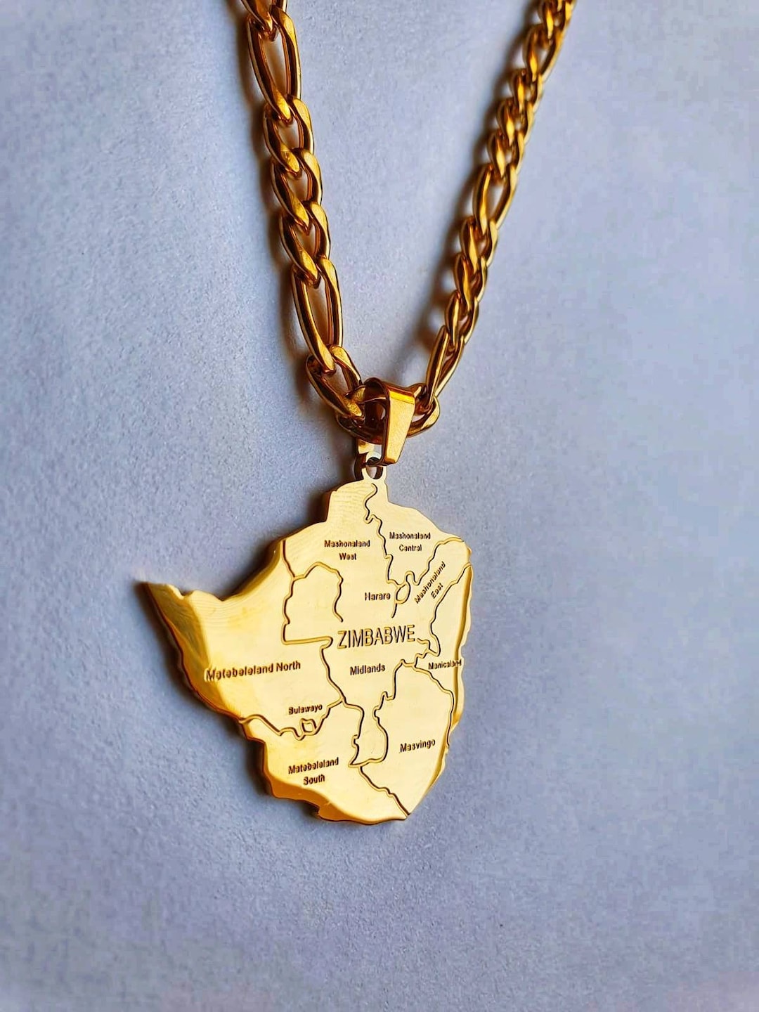 Zimbabwe City Map Gold Pendant Necklace With Looped Chain Etsy