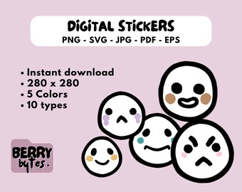 May include: Digital stickers featuring various emoji faces with different expressions. The image includes the text "Digital Stickers" and file type options. The stickers are available in 5 colors and 10 types, with a size of 280 x 280 pixels.