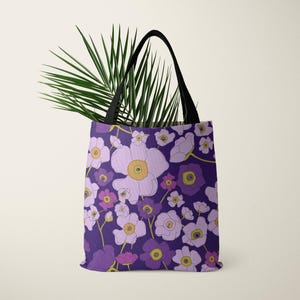 Purple Floral Tote Bag, Purple Flower Design, Large Floral Carryall, Botanical Print Market Bag, Summer Beach Tote, Purple Flower Lover Gift