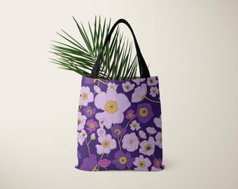 Purple Floral Tote Bag, Purple Flower Design, Large Floral Carryall, Botanical Print Market Bag, Summer Beach Tote, Purple Flower Lover Gift
