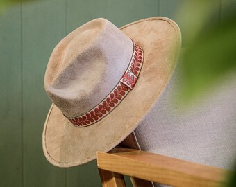 Sand suede fedora hat | Beige bolero hat | golden embroidery trim | Camel sombrero