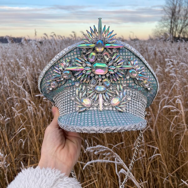 Holographic Military Burning Man hat | festival cap | holo ab stones hat