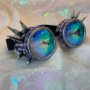 Caleidoscoopbril| Zilveren Burning Man-bril | Ravebril Steampunk Festival | rhinestone goggle | gold black silver holographic