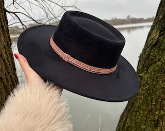 Chapeau canotier boléro noir | Chapeau de cowboy mexicain à bord large | sombrero en daim