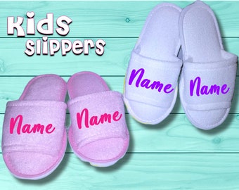 Slippers, Personalized Kids Open Toe Slippers, Slumber Party, Sleepover, Pajama Party, Spa Party, Pink Slippers, White Slippers