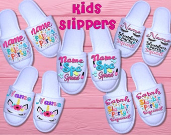 Slippers, Personalized Kids Open Toe Slippers, Slumber Party, Sleepover, Pajama Party, Spa Party, Pink Slippers, White Slippers