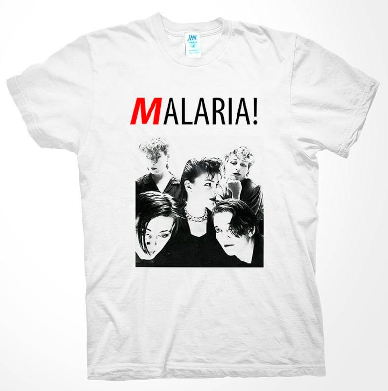 May include: White t-shirt with a black and white photo of a band with the word "MALARIA!" in red letters above the photo.