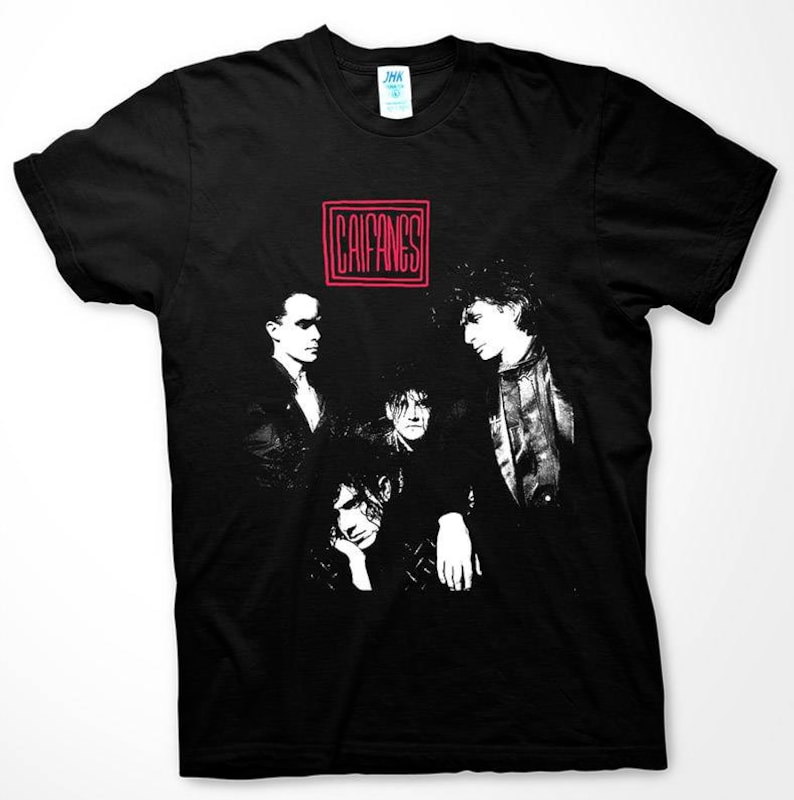 May include: Black t-shirt featuring a band graphic. The design includes a red rectangular box with the band name "CAIFANGS" in white letters. Below the text is a black and white image of the band members.