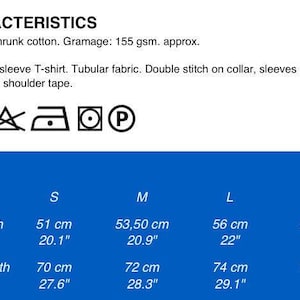 May include: Image of a white background with text detailing a short-sleeve T-shirt's characteristics. The text includes fabric details, washing instructions, and size measurements in both centimeters and inches. Sizes range from S to XL, with widths from 20.1" to 22.8" and lengths from 27.6" to 29.9".