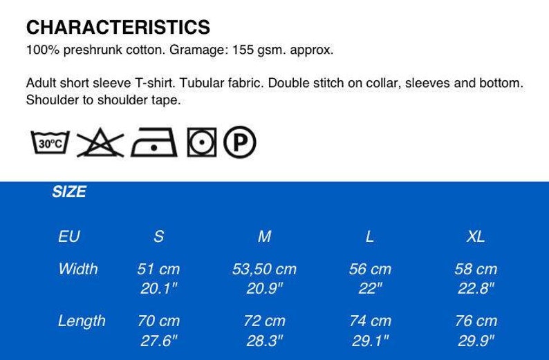 May include: Image of a white background with text detailing a short-sleeve T-shirt's characteristics. The text includes fabric details, washing instructions, and size measurements in both centimeters and inches. Sizes range from S to XL, with widths from 20.1" to 22.8" and lengths from 27.6" to 29.9".