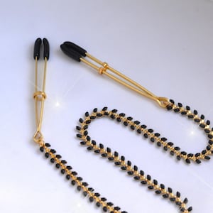 Gold Nipple Clamps with Gold - Black Chain / Non Piercing Tweezers Nipple Clamps / Sexy nipple jewelry / Mature