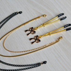 Gold Bow Nipple Clamps with Removable Chain in Black or Gold Color / Non Piercing Tweezers Nipple Clamps / Sexy nipple jewelry / Mature