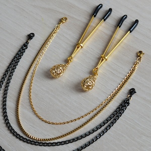 Gold Drops Nipple Clamps with Removable Chain in Black or Gold Color / Non Piercing Tweezers Nipple Clamps / Sexy nipple jewelry / Mature