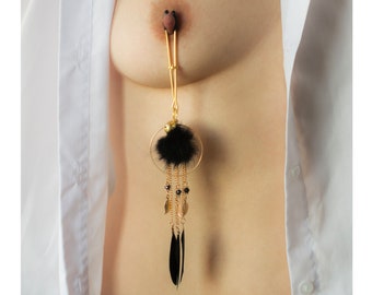 Gold Bell Nipple Clamps with Black Removable Chains  and Feather Pendants Non Piercing Nipple Tweezers Saxy nipple jewelry