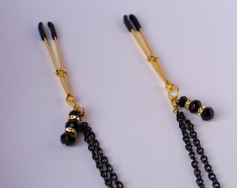 Gold Nipple Clamps with Black Removable Chains Non Piercing Nipple Tweezers Saxy nipple jewelry
