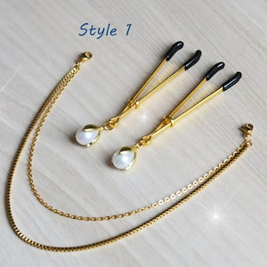 Gold Pearl Nipple Clamps with Golden Removable Chain / Non Piercing Tweezers Nipple Clamps / Sexy nipple jewelry / Mature