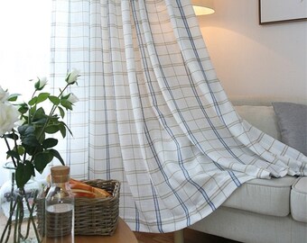 Blue and Brown Grids Semi Sheer Curtain - Custom Made Sheer Curtains for Living Room, Bedroom Sheer Voile Tulle Curtain