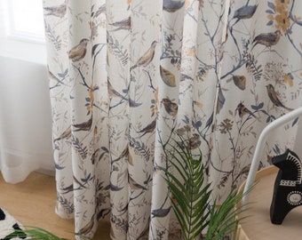 Custom Curtain Linen Texture Bird Printed Curtains for Living Room Country Farmhouse Drapes Window Coverings Living Room Bedroom