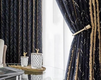 Gorgeous Fishbone Pattern Jacquard Curtain Custom Drapes Herringbone Pattern Stripes Gold Lines Living Room Blackout Curtain (Dark Blue)