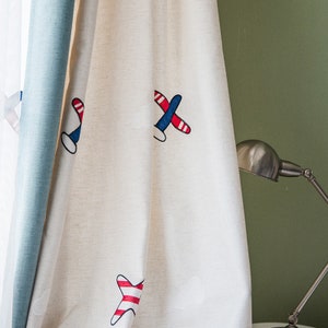 Custom Children Room Window Drapes - 10 Little Airplanes Embroidery Linen and Cotton Curtain - Curtains for Kid Rooms