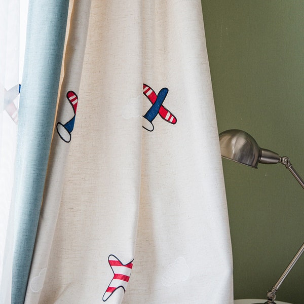 Custom Children Room Window Drapes - 10 Little Airplanes Embroidery Linen and Cotton Curtain - Curtains for Kid Rooms