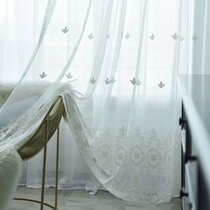 Pure Farmhouse Style Little Flower Embroidery White Sheer Curtain ...