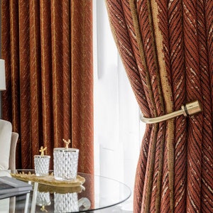 Orange Gorgeous Fishbone Pattern Jacquard Curtain Custom Drapes Herringbone Pattern Stripes Gold Lines Living Room Blackout Curtain