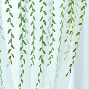 Willow Leaves Embroidery White Sheer Curtain - Custom Curtains for Country Style Room Semi Sheer Green Leaves Embroidery Curtain