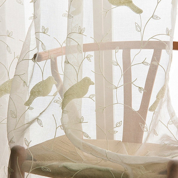 Rustic Birds Embroidery Sheer Curtain - Custom Sheer Tulle Voile Curtains Art Embroidered Applique Bedroom Living Room Study Room