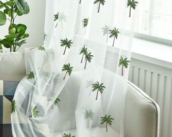 Coastal Style Tree Embroidery Sheer Curtain - Custom Curtains for Tropical House, Tree Embroidery Semi Sheer Curtain