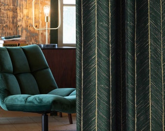 Luxury Fishbone Pattern Jacquard Curtain Custom Drapes Herringbone Pattern Stripes Gold Lines Living Room Finished Curtain (Green)