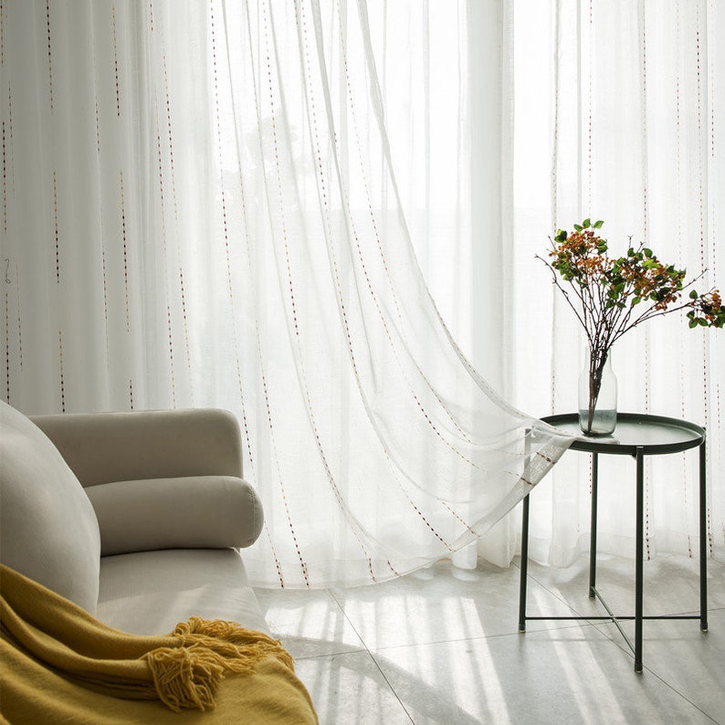 Woven Stripes Linen Texture Sheer Curtain Custom Sheer Voile Tulle Curtains for Minimalist Style Apartments Living Room Bedroom image 2