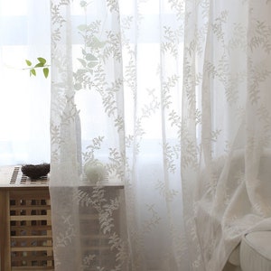 Farmhouse Style Simple White Curtain - Custom Curtains for Country Theme House Semi Sheer White Small Leave Embroidery Curtain