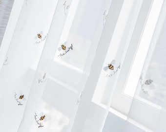 Cortina transparente blanca con bordado The Bee Go Buzzing, bonitas cortinas transparentes personalizadas para habitaciones infantiles