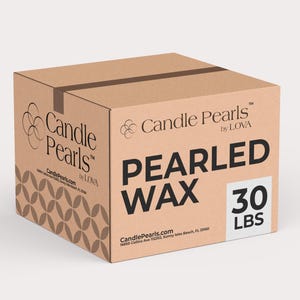 May include: A brown cardboard box with the text "Candle Pearls" and "Pearled Wax" printed on it. The box is labeled with "30 LBS" and the company's website address.
